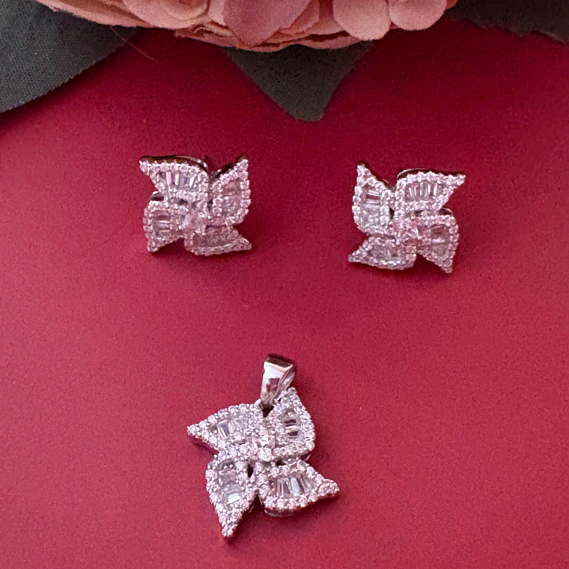 Silver CZ Cluster Flower Pendant Set 